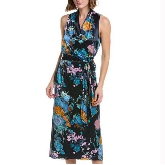 Vince Coastal Painted Bouquet Floral Satin Wrap Dress L - Picture 1 of 8